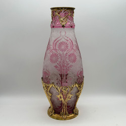 Old Baccarat Cameo Glass and Brass Mounted Vase , Acid Etched with Floral Pattern