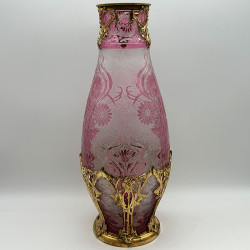 Old Baccarat Cameo Glass and Brass Mounted Vase , Acid Etched with Floral Pattern