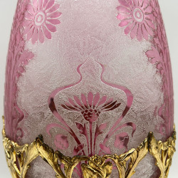 Old Baccarat Cameo Glass and Brass Mounted Vase , Acid Etched with Floral Pattern