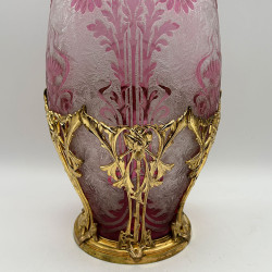 Old Baccarat Cameo Glass and Brass Mounted Vase , Acid Etched with Floral Pattern