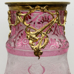 Old Baccarat Cameo Glass and Brass Mounted Vase , Acid Etched with Floral Pattern