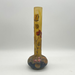 Daum Freres Cameo Glass Long Neck Vase Enameled with Rose Hip