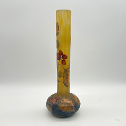 Daum Freres Cameo Glass Long Neck Vase Enameled with Rose Hip