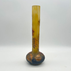 Daum Freres Cameo Glass Long Neck Vase Enameled with Rose Hip