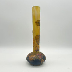Daum Freres Cameo Glass Long Neck Vase Enameled with Rose Hip