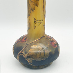 Daum Freres Cameo Glass Long Neck Vase Enameled with Rose Hip