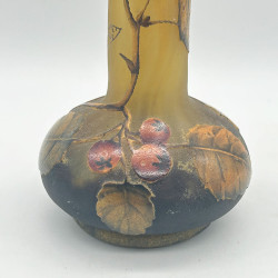 Daum Freres Cameo Glass Long Neck Vase Enameled with Rose Hip