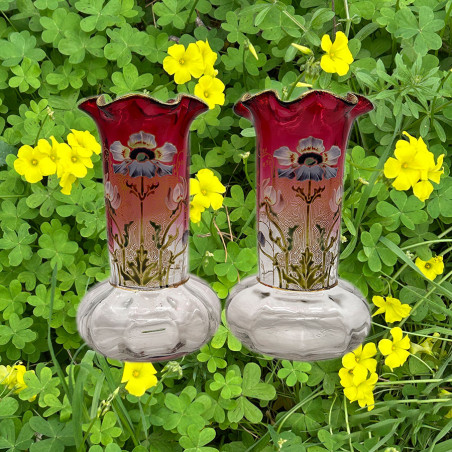 Legras Mont Joys a Pair of Vases, Graduation from Clear to Pink Color, Enameled with Flowers