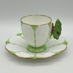 Aynsley China Butterfly Handled Cup and Sauce White Groundand Light Green Decoration
