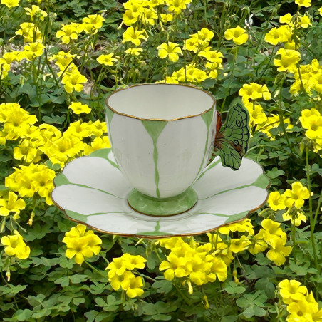 Aynsley China Butterfly Handled Cup and Sauce White Groundand Light Green Decoration