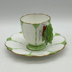 Aynsley China Butterfly Handled Cup and Sauce White Groundand Light Green Decoration
