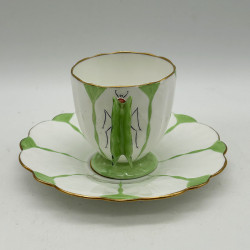 Aynsley China Butterfly Handled Cup and Sauce White Ground and Light Green Decoration