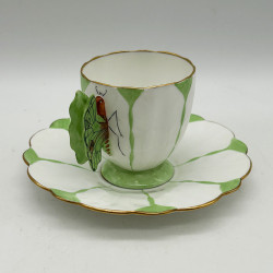 Aynsley China Butterfly Handled Cup and Sauce White Ground and Light Green Decoration