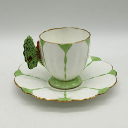 Aynsley China Butterfly Handled Cup and Sauce White Groundand Light Green Decoration