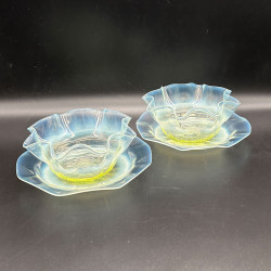 James Powell and Sons Vaseline Uranium Glass Set of Six Bowls and Stands