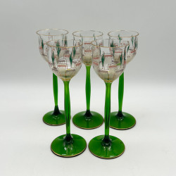 Theresienthal Enameled Liqueur Glass, Green Stem Enameled Floral Petrean