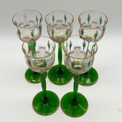 Theresienthal Enameled Liqueur Glass, Green Stem Enameled Floral Petrean