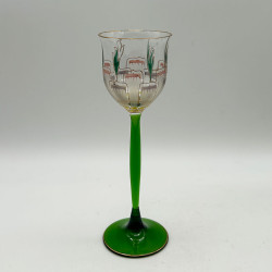 Theresienthal Enameled Liqueur Glass, Green Stem Enameled Floral Petrean