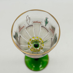 Theresienthal Enameled Liqueur Glass, Green Stem Enameled Floral Petrean