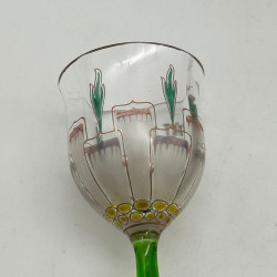 Theresienthal Enameled Liqueur Glass, Green Stem Enameled Floral Petrean