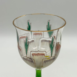 Theresienthal Enameled Liqueur Glass, Green Stem Enameled Floral Petrean