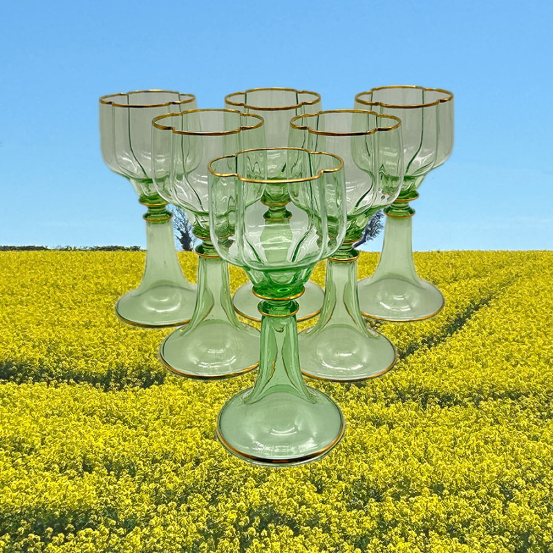 J & L Lobmeyr  Uranium Set of Six Glasses Edges are Decorated in Gold Leaf
