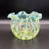 English Vaseline Glass Vase with Floral  Motive, Round Formed with Frilled Rim