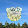 English Vaseline Glass Vase with Floral  Motive, Round Formed with Frilled Rim