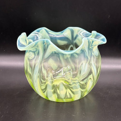 English Vaseline Glass Vase with Floral  Motive, Round Formed with Frilled Rim