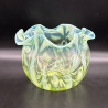 English Vaseline Glass Vase with Floral  Motive, Round Formed with Frilled Rim