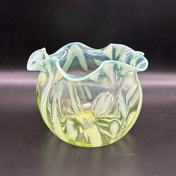 English Vaseline Glass Vase with Floral  Motive, Round Formed with Frilled Rim