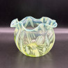 English Vaseline Glass Vase with Floral  Motive, Round Formed with Frilled Rim