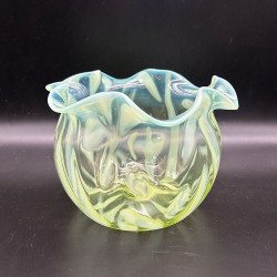 English Vaseline Glass Vase with Floral  Motive, Round Formed with Frilled Rim