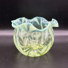 English Vaseline Glass Vase with Floral  Motive, Round Formed with Frilled Rim