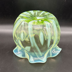 English Vaseline Glass Vase with Floral  Motive, Round Formed with Frilled Rim