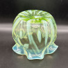 English Vaseline Glass Vase with Floral  Motive, Round Formed with Frilled Rim