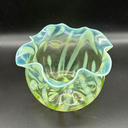 English Vaseline Glass Vase with Floral  Motive, Round Formed with Frilled Rim
