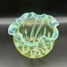 English Vaseline Glass Vase with Floral  Motive, Round Formed with Frilled Rim