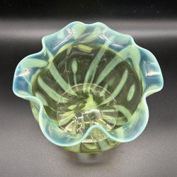 English Vaseline Glass Vase with Floral  Motive, Round Formed with Frilled Rim