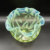 English Vaseline Glass Vase with Floral  Motive, Round Formed with Frilled Rim