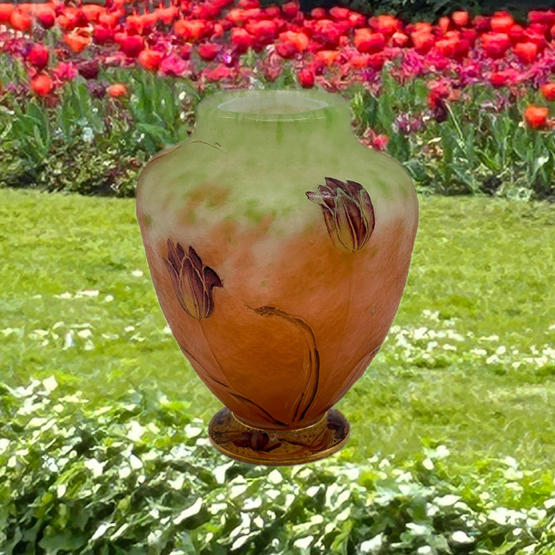 Daum Freres Cameo and Enamelled Glass Vase Decorated with Tulips