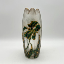 Legras Mont Joys Glass Vase Enameled with Iris and Dragonfly