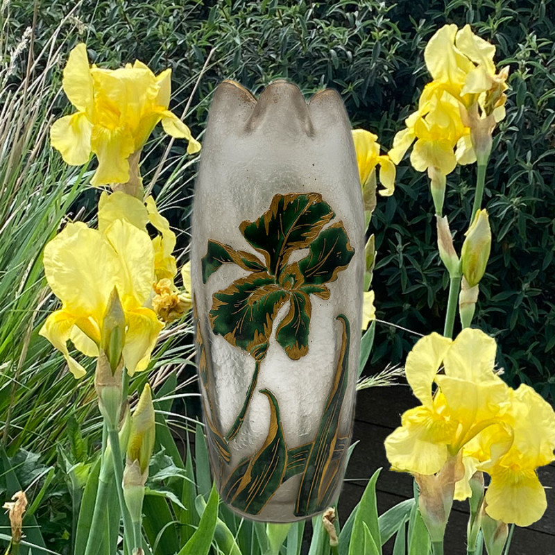 Legras Mont Joys Glass Vase Enameled with Iris and Dragonfly