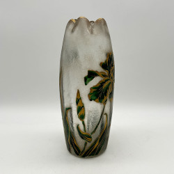 Legras Mont Joys Glass Vase Enameled with Iris and Dragonfly