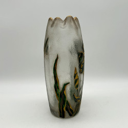 Legras Mont Joys Glass Vase Enameled with Iris and Dragonfly