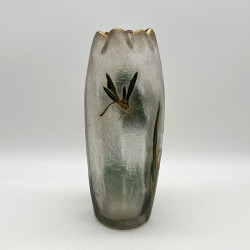 Legras Mont Joys Glass Vase Enameled with Iris and Dragonfly