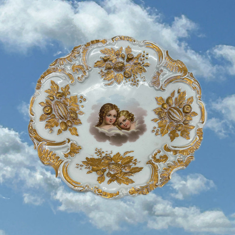 Meissen Porcelain Deep Gilded Plate Hand Painted with Young Girls