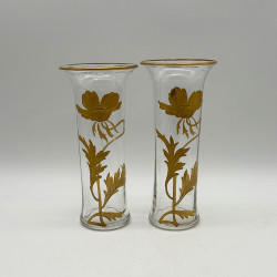 A Pair Old Baccarat Glass Vases, Guilded with Floral Pattern