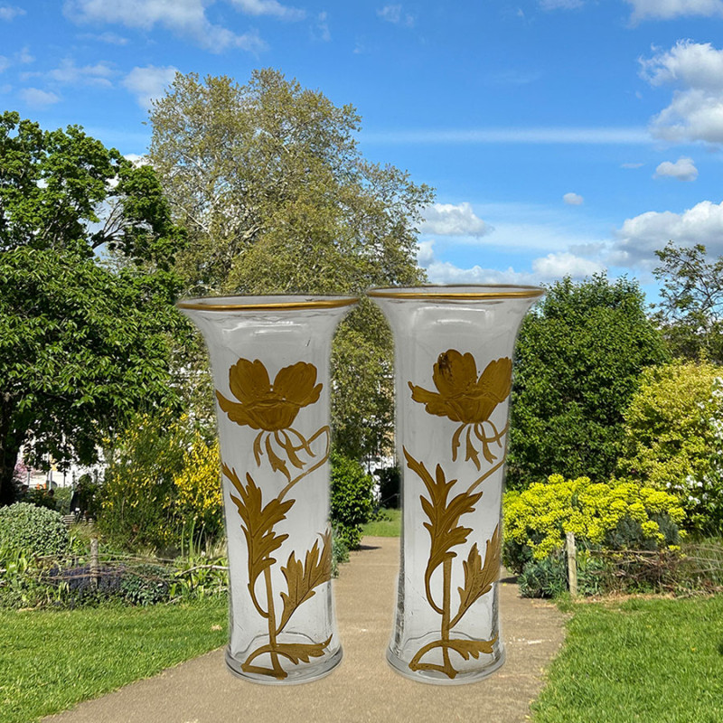 A Pair Old Baccarat Glass Vases, Guilded with Floral Pattern