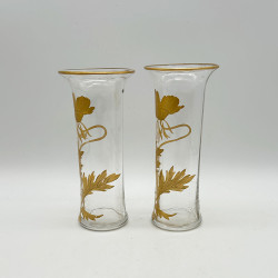 A Pair Old Baccarat Glass Vases, Guilded with Floral Pattern